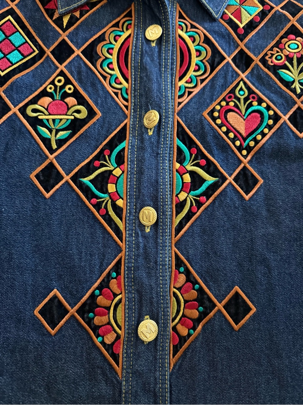 Bob Mackie Blue Large Embroidered Denim Shirt 90s Wearable Art Western Boho - Picture 7 of 9